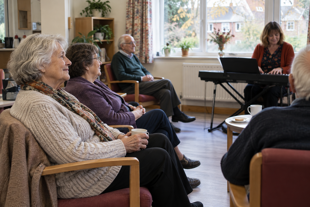 Older adults enjoying music together in a community room.
