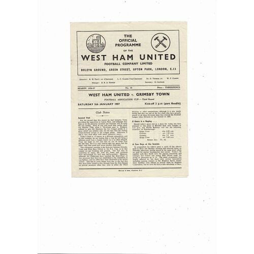 1956/57 West Ham United v Grimsby Town FA Cup Football Programme