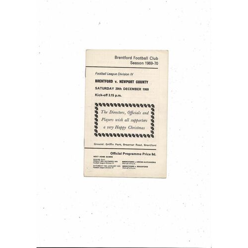 1969/70 Brentford v Newport County Football Programme