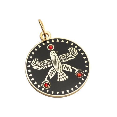 Round Pendant. The Persian Falcon. Black with 3 Red Stone.
