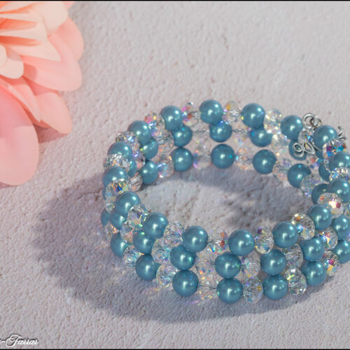 Memory Wire Bracelet with Crystal Pearls & Aurora Borealis Crystals