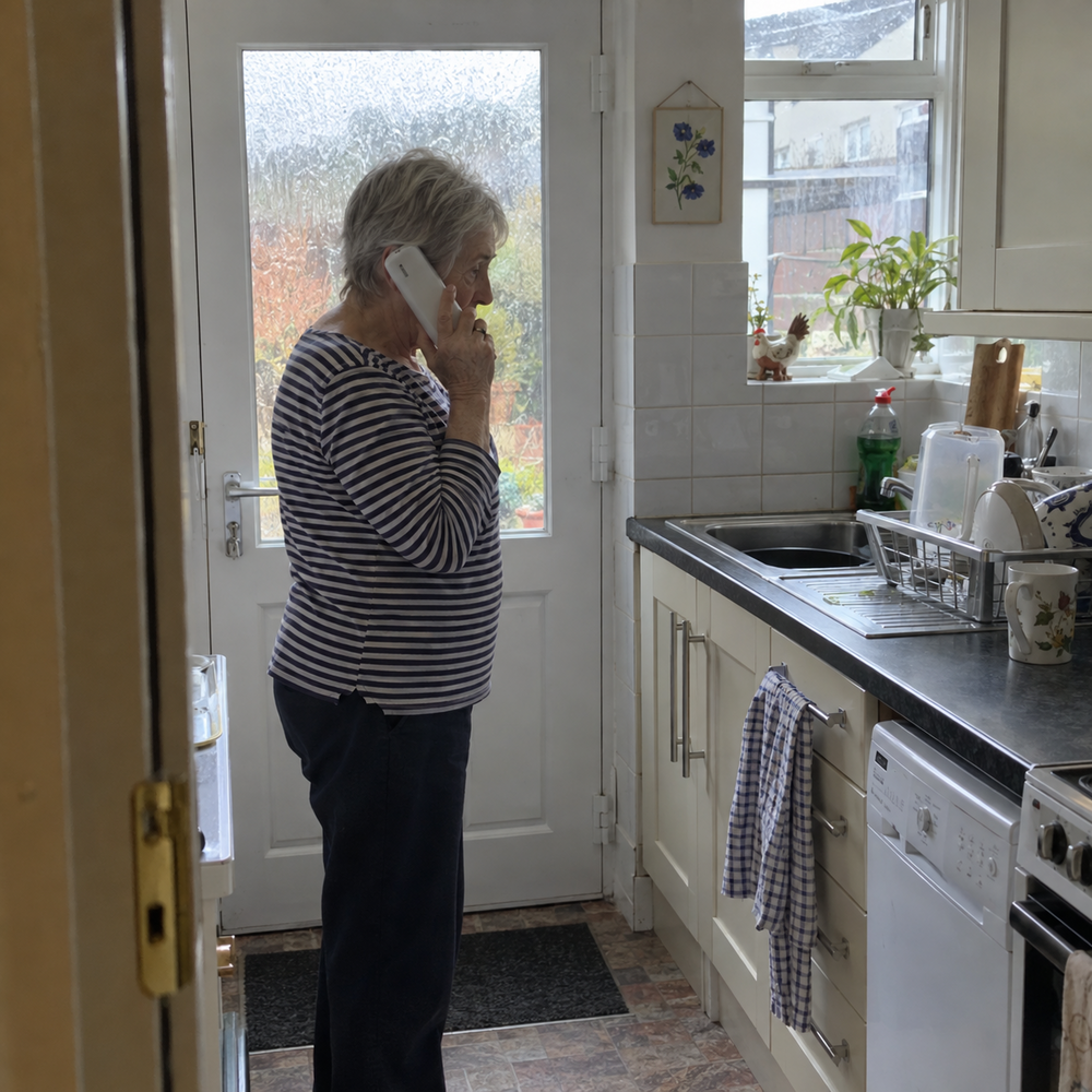 Older woman talking on a cordless telephone in her kitchen.