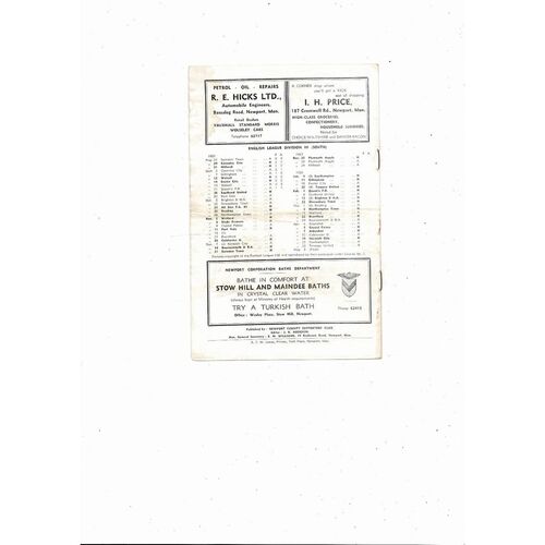 1957/58 Newport County v Southend United Football Programme