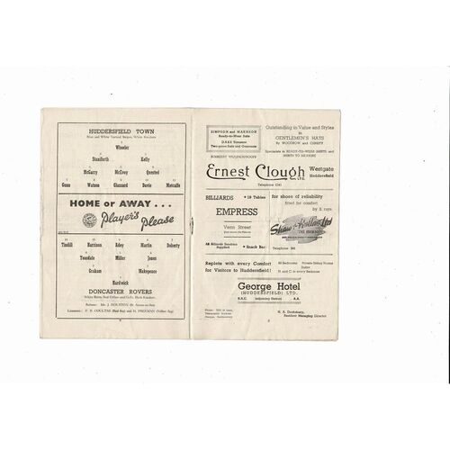 1952/53 Huddersfield Town v Doncaster Rovers Football Programme