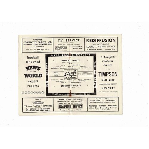 1958/59 Newport County v Stockport County Football Programme