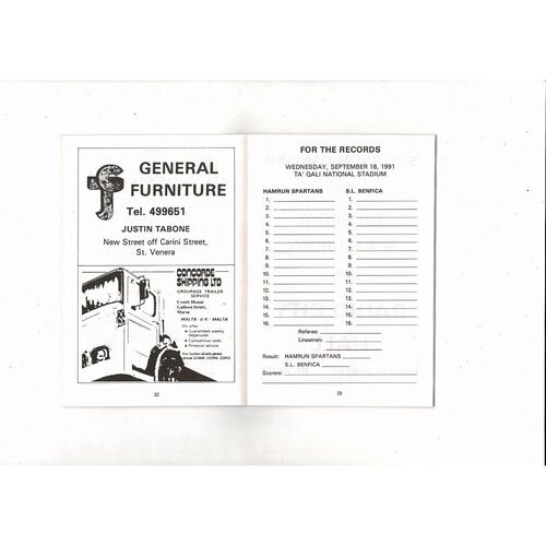 Hamrun Spartans v Benfica European Cup Football Programme 1991/92