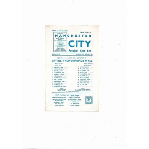 Manchester City v Aston Villa Central League Football Programme 1972/73