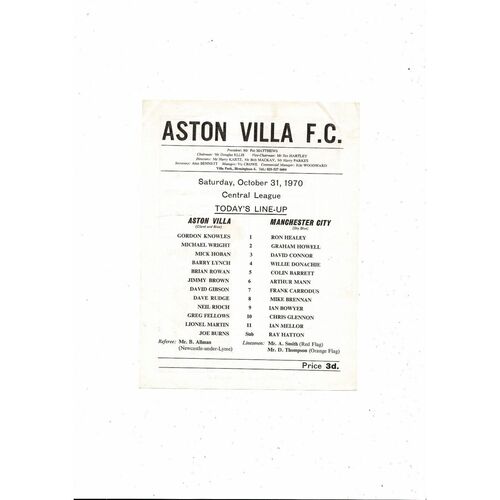 Aston Villa v Manchester City Central League Football Programme 1970/71