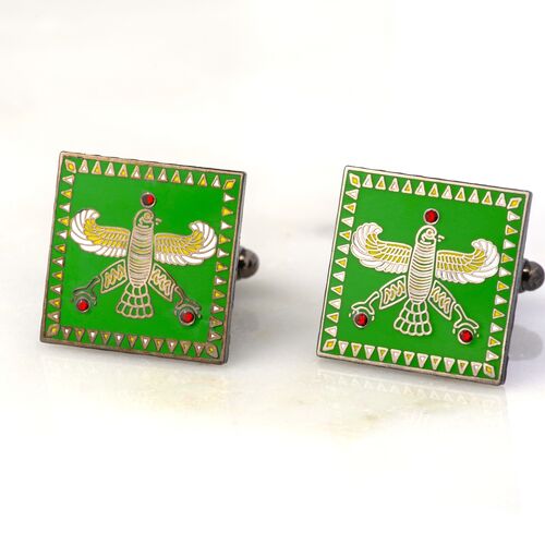 Cufflinks. The Persian Falcon. Medium Green with 3 Red Stones.