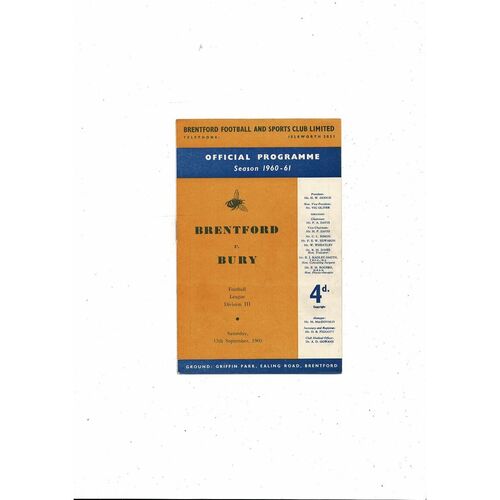1960/61 Brentford v Bury Football Programme Autographed