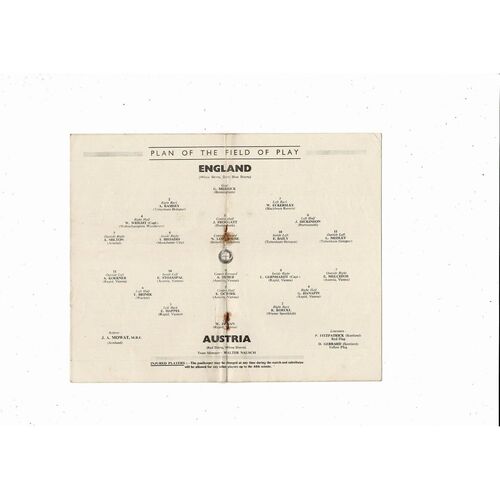 1951 England v Austria Football Programme + Match Ticket