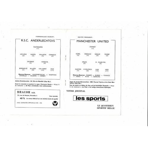 Anderlecht v Manchester United European Cup Football Programme 1968/69