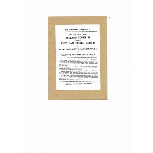England Youth v West Ham United U19 England Youth Trial Programme 1975/76