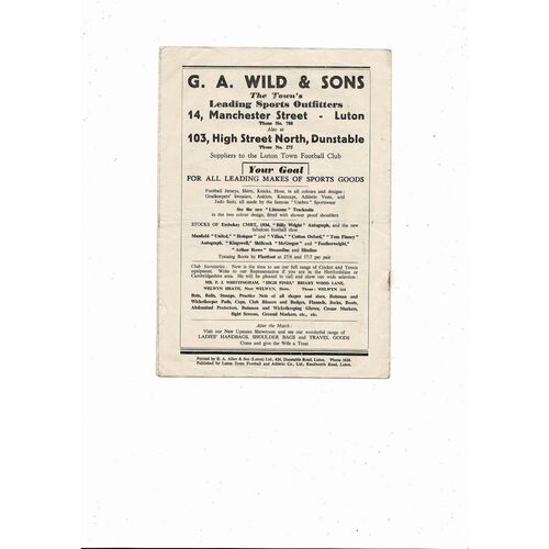 1954/55 Luton Town v Fulham Football Programme