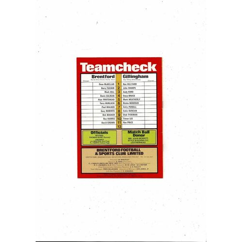 1981/82 Brentford v Gillingham Football Programme