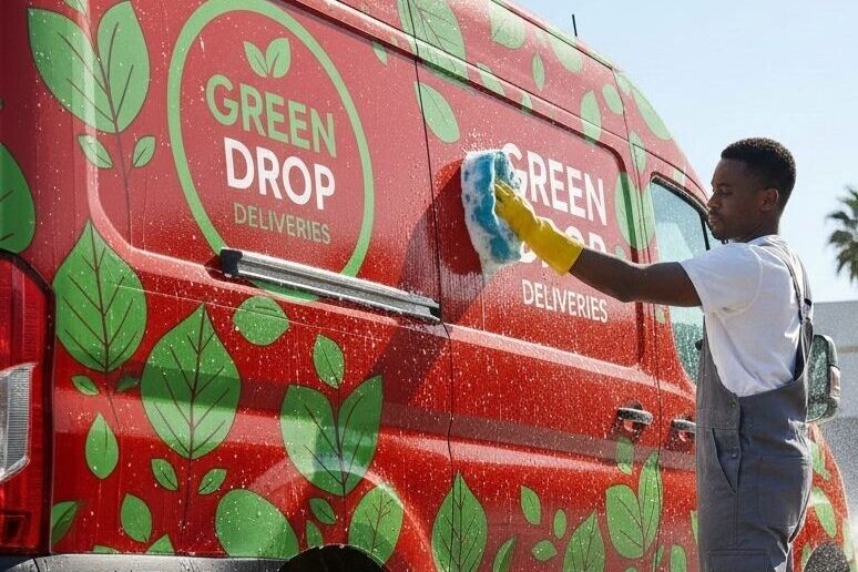 Clean company branded red van being washed by hand.
