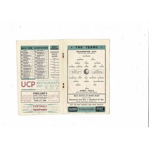 1954/55 Manchester City v Aston Villa Football Programme