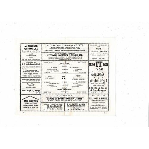 1963/64 Brentford v Crewe Alexandra Football Programme