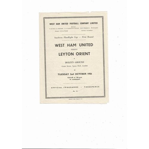 1956/57 West Ham United v Leyton Orient Southern Floodlight Cup Programme