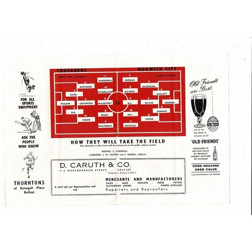 Crusaders v Norwich City Friendly Football Programme 1958/59