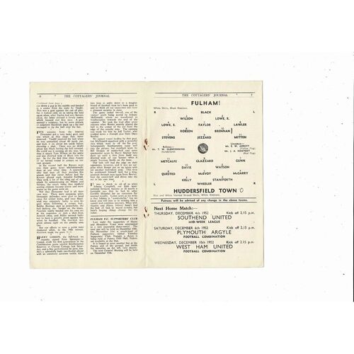 1952/53 Fulham v Huddersfield Town Football Programme