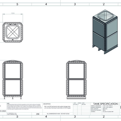 PW.1X1X2.TIF.AG - 2843 LITRE SECTIONAL WATER TANK, TOTALLY INTERNALLY FLANGED (TIF)