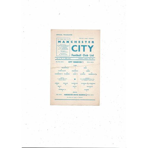 Manchester City v Manchester United Central League Football Programme 1960/61