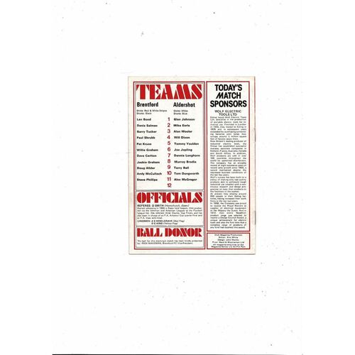 1977/78 Brentford v Aldershot Football Programme