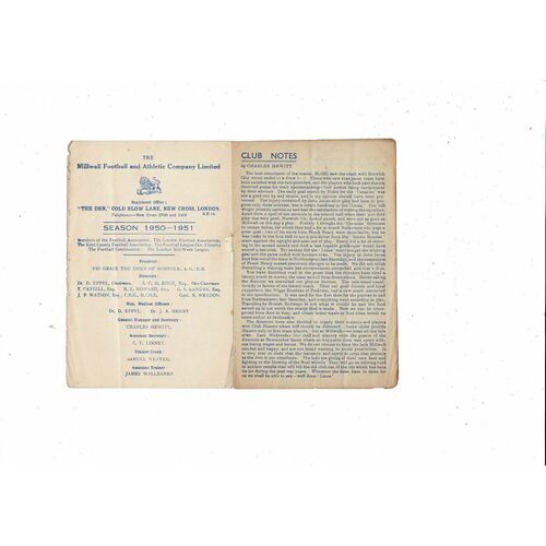 1950/51 Millwall v Port Vale Football Programme