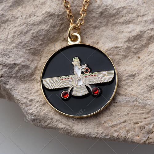Round Pendant. Persian Farvahar with Two Red Stones