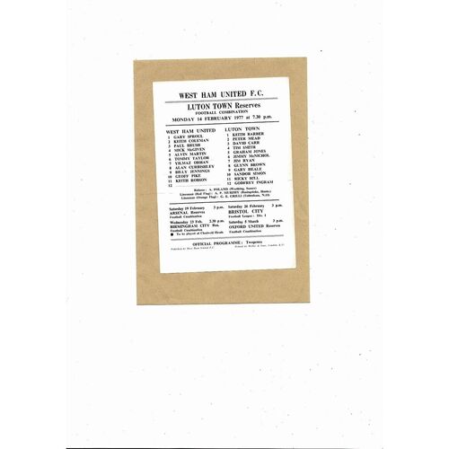 West Ham United v Luton Town Football Combination Football Programme 1976/77