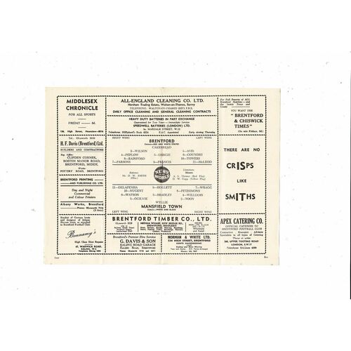 1959/60 Brentford v Mansfield Town Football Programme