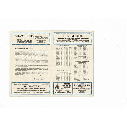 1954/55 Leicester City v Blackpool Football Programme