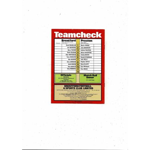1981/82 Brentford v Preston Football Programme