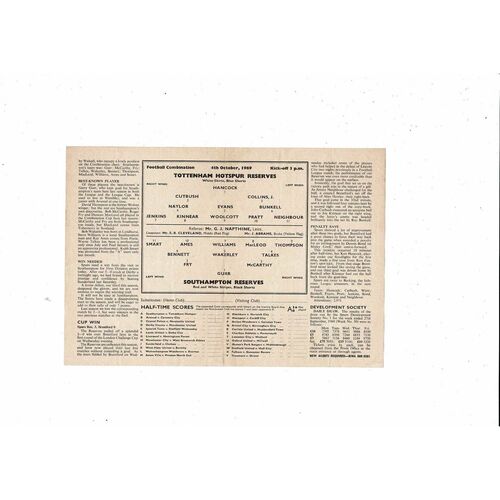 Tottenham Hotspur v Southampton Football Combination Programme 1969/70