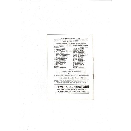 Whitby Town v Doncaster Rovers FA Cup Football Programme 1986/87