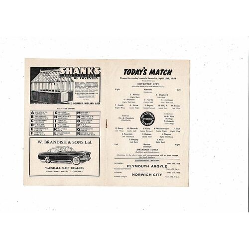1957/58 Coventry City v Swindon Town Football Programme