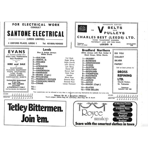 1977/78 Leeds v Bradford Northern (19/03/1978) Rugby League Programme