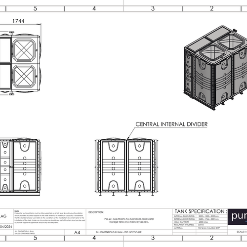 PW.2X1.5X2.IFB.DIV.AG(1+1) - 6000 LITRE SECTIONAL WATER TANK, INTERNALLY FLANGED BASE (IFB)