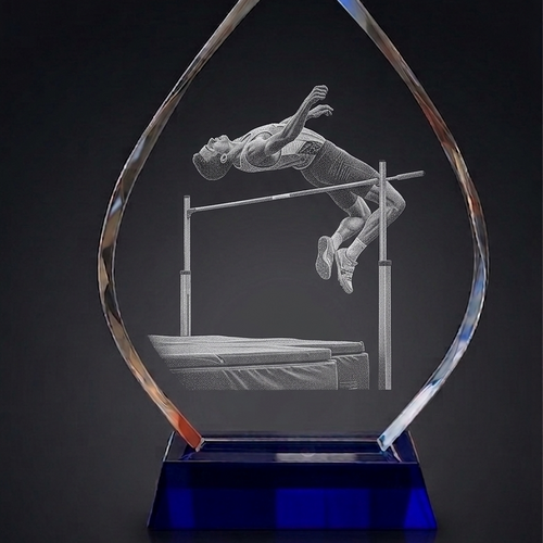 The Mega Plus 250mm Tall, Blue Base, Presentation Crystal/Trophy