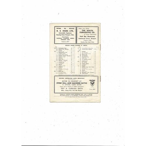 1954/55 Newport County v Watford Football Programme