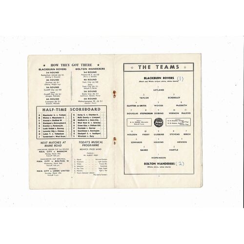 1958 Blackburn Rovers v Bolton Wanderers FA Cup Semi Final Programme @ Manchester City