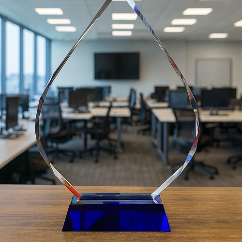 The Mega Plus 250mm Tall, Blue Base, Presentation Crystal/Trophy