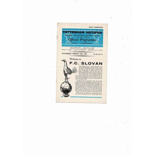 Tottenham Hotspur v Slovan European Cup Winners Cup Football Programme 1962/63