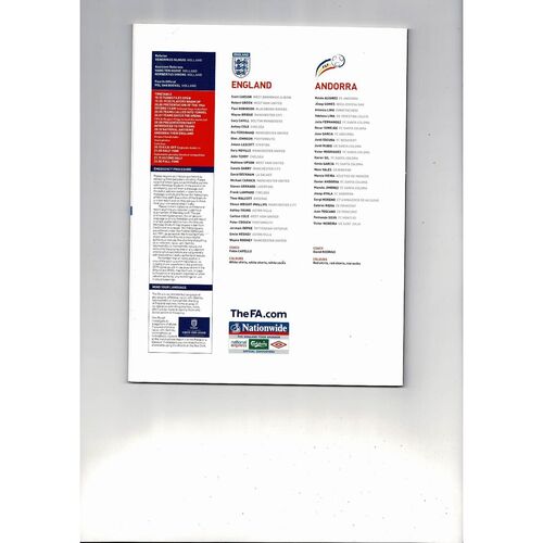 2009 England v Andorra Football Programme
