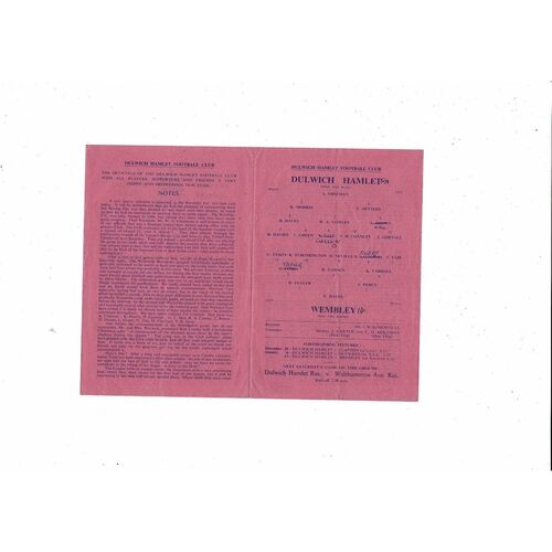 Dulwich Hamlet v Wembley Friendly Football Programme 1950/51