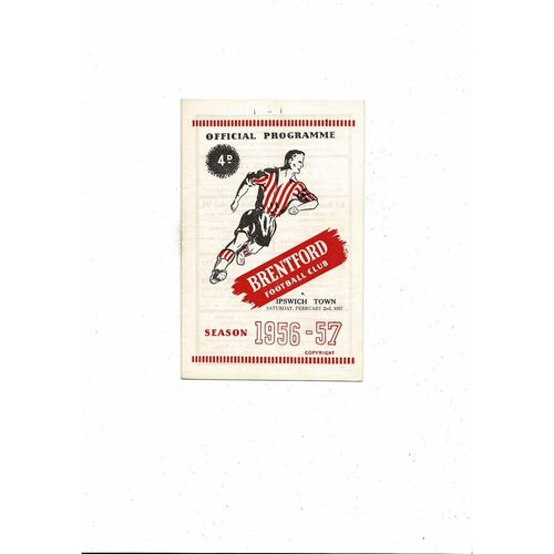 1956/57 Brentford v Ipswich Town Football Programme