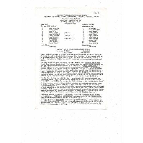 Brentford v Cambridge United Friendly Football Programme 1981/82