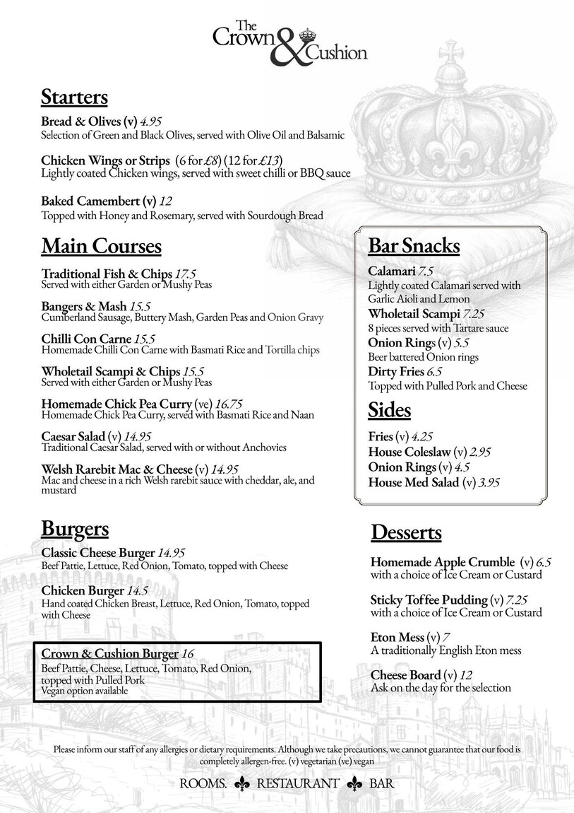 Menus | The Crown and Cushion | Hotels in Eton | B&amp;amp;Bs in Eton | Places to stay in Eton