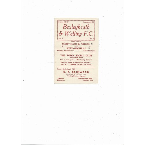 1956/57 Bexleyheath & Welling v Sittingbourne Kent League Football Programme